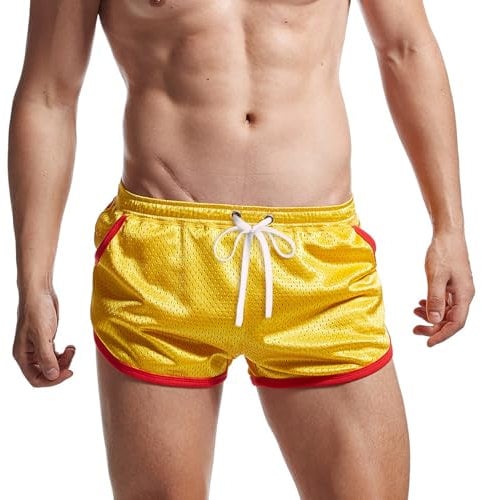 AIMPACT Sport Shorts Herren 3 Inch Mesh Bodybuilding Shorts Atmungsaktiv Turnhose Herren Kurz Training Fitness Sporthose mit Tasch (Gelb-M)