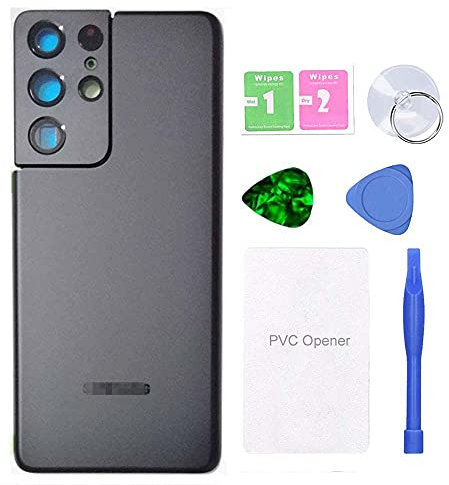 MovTEK Vitre Arriere Cache Batterie d'origine Remplacement pour Samsung S21 Ultra 5G G998B Ecran Arrière avec Lentille de Caméra et Outils - Noir Fantôme