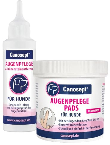 Canosept Augenpflege Set: Augenpflege für Hunde 120ml + Augenpflege-Pads für Hunde 100 Stück - Tränenfleckenentferner Hund, Augenpflege Hund, Augenreiniger für Hunde