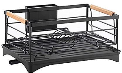 SBTXHJWCGLD Escurridor de Platos Escurridor de Platos Escurridor de Platos con Bandeja de Goteo Escurridor de Platos de Acero Inoxidable con Asas de Madera, 42 × 30 × 19 cm (Color: Negro)