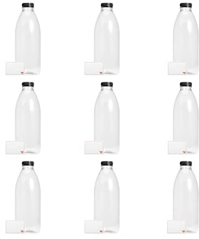 TEC Juice Bottles with Lids 1 Litre UK Made Empty 30% Recycled Clear PET Plastic Bottle Drink Reusable for Fridge Clear Water Milk Juicing Pack Multipack in Bulk Packs