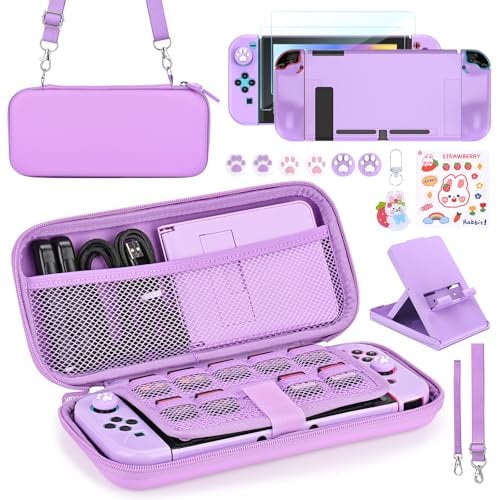 Younik Switch Zubehör Bundle, 17 in 1 Switch Zubehör Kit für Mädchen Enthalten Switch Tasche, Verstellbarer Ständer, Schutzhülle für Switch Konsole & J-Con(Lila)