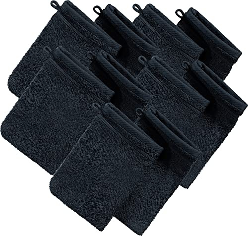 Erwin Müller Waschhandschuh, Waschlappen Heidelberg 10er- Pack, 100% Baumwolle schwarz Größe 15x21 cm - weiche Qualität, saugstark und strapazierfähig - praktisch durch Schlaufe