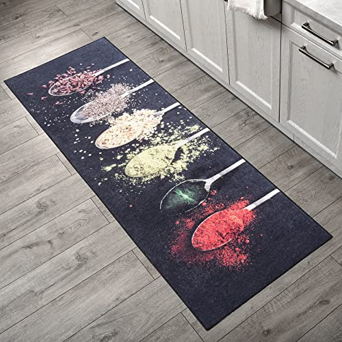 Mynes Home waschbarer Küchenteppich - Pflegeleichter Küchenläufer mit Rutschfester Latexunterlage - Tolle Teppich Designs für Küche, Waschmaschinengeeignet - Löffel Anthrazit, 50x180 cm