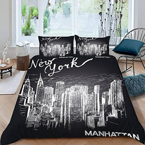 MOUPL Bettwäsche New York 155x220 3teilig 3D Modern Stadtbild Bettbezug Set mit Reißverschluss 100% Leicht Mikrofaser Kuschelig Atmungsaktive Sommer Betten Set mit 2 Kissenbezug 80x80 cm
