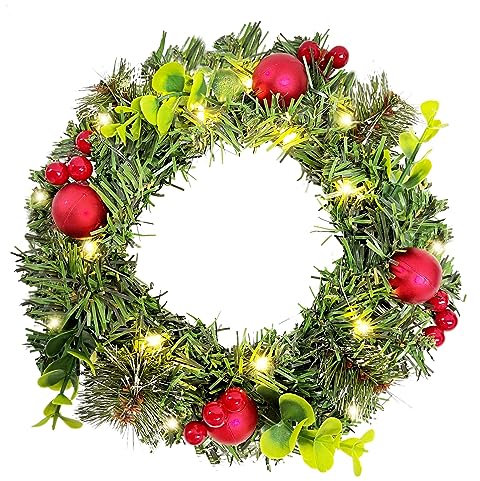 Weihnachtsgirlande mit Beleuchtung Batterie, Türkranz Weihnachten Außen, Kranz Weihnachten LED, Weihnachtskranz Haustür mit Kugeln Tannenzapfen, Weihnachtsdeko Amerikanisch Tür Advent Girlande (∅20cm)