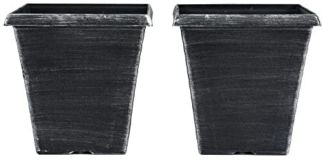 Stylist Biscotti Decorative Square Garden Patio Planter finished in a Brushed Bronze & Black or Silver Paint Effect 23cm Lightweight Flower Pots with Pre-Drilled Drainage Holes (Silver x2)