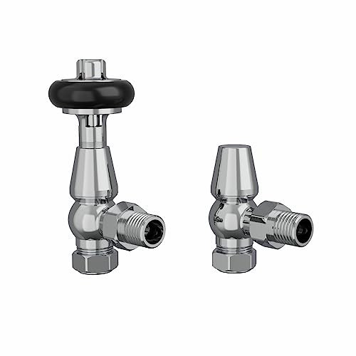NRG Traditional Antique Angled Central Heating Radiator Valve 15mm Thermostatic + Lockshield Valve Chrome with Black Hand Wheel