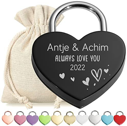 Herz-Schloss Liebesschloss Vorhängeschloss personalisierte Gravur Schwarz - Motiv Always love you - mit Schlüssel - Stoffbeutel - Metall eloxiert - Valentinstag - Paar-Geschenk - love, liebe