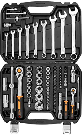 NEO TOOLS Steckschlüssel 1/2, 1/4 82-teilig, CrV, zum Schrauben und Lösen | Phillips-Bits, Sechskant, Aufbewahrungskoffer, Knarreneinsätze, Bits, Schraubenschlüssel, Zubehör
