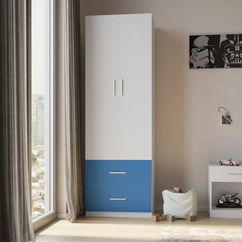 URBNLIVING Modern Kids Large Bedroom Double Wardrobe 2 Doors and 2 Drawers Closet Cupboard Storage Unit (White Carcass + Blue Drawers)