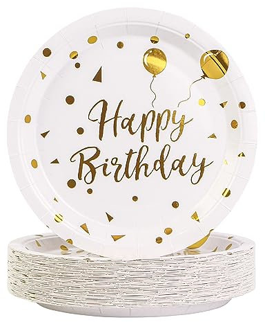 BOKFJBP Lot de 50 Assiettes en Carton Blanches et Dorées, 18 cm, pour Anniversaire d'Enfant et Fête, Jetables