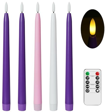 Stmarry Flameless Advent Candles, Set of 5 - Flickering LED Flame, 11 Inch Taper Candlesticks, Remote Controlled - 3 Purple, 1 Pink, 1 White for Christmas Wreath