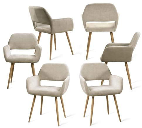 MEUBLE COSY Lot de 6 Chaises de Salle à Manger Fauteuil Assise rembourrée en Tissu Pieds en métal Imitation Bois pour Cuisine Salon Chambre Bureau, Beige, Acier allié, 56x56x78cm