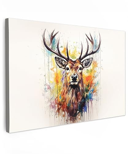 MuchoWow© Leinwände Groß 120x80 cm XXL Bild Tier Wall Decoration Bilder Schlafzimmer Deko Pictures Canvas Painting Wanddekoration Wohnzimmer Hirsch - Reh - Geweihe - Kunst - Farbe - Tier - Farbenfroh