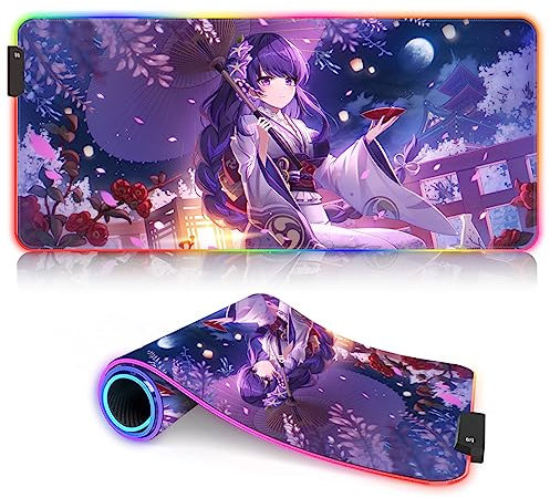 DEHUA Tapis de Jeu Big Desk Pads XXL Genshin Impact LED Grand Tapis de Souris RGB Raiden Shogun Grand Tapis de Souris avec Personnage de Jeu en Caoutchouc antidérapant (30 x 80 cm)