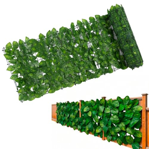 Tissting Künstlicher Efeu Sichtschutzzaun 3m x 0.5m BalkonSichtschutz | mit Drehbaren Blättern Erweiterbarer Künstlicher Heckenzaun für Gartenhecken Balkon Außendekoration Apple Leaf