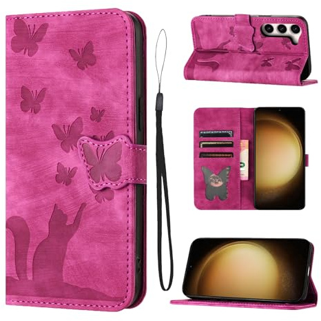 LSPCASA Housse Protection pour Samsung Galaxy S23 Plus/Galaxy S23+ Matériau en Cuir PU Coque Samsung S23 Plus avec Fentes pour Cartes Étui Motif Papillon Chat Coque S23 Plus Rose