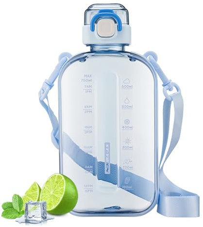 Darryy Trinkflasche Auslaufsicher, Trinkflasche Gym, Flache Wasserflasche, Trinkflasche 750ml auslaufsicher, Trinkflasche Sport mit Gurt, Trinkflasche Bpa Frei, Wasserflasche Blau (Blau)