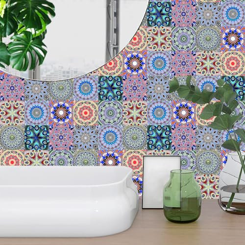 FliesenaufkleberMandala Rosa Blau Mosaikfliesen PVC Klebefliesen Wasserdicht Fliesenaufkleber Bad Küchenrückwand Selbstklebend Ölfest Tile Sticker Wandfliesen Fliesen Folie Abziehbar 20x20cm/10 Pcs