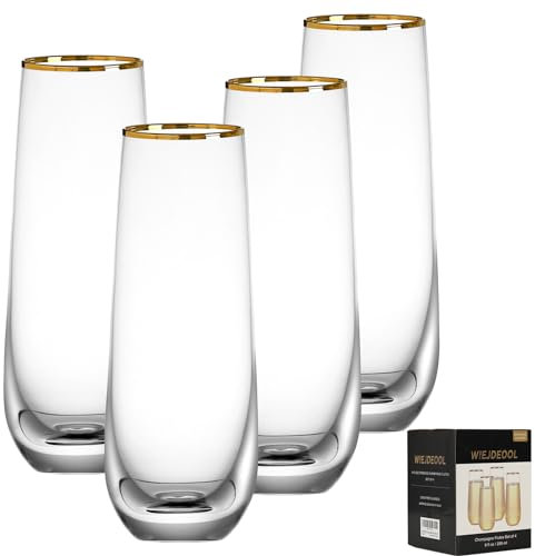 DORELINA Stemless Champagne Flutes Set of 4, Gold Rim Champagne Glasses, Best Gift