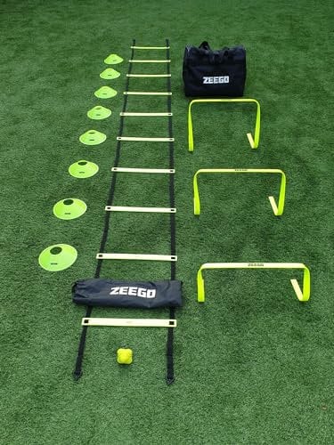 ZEEGO Agility Training Equipment with Ladder, 10 Disc Cones, 3 Hurdles for Speed Training, 1 Skipping Rope and Carry Bag, Speed Training Equipment for Soccer Football Basketball | Fluro Yellow