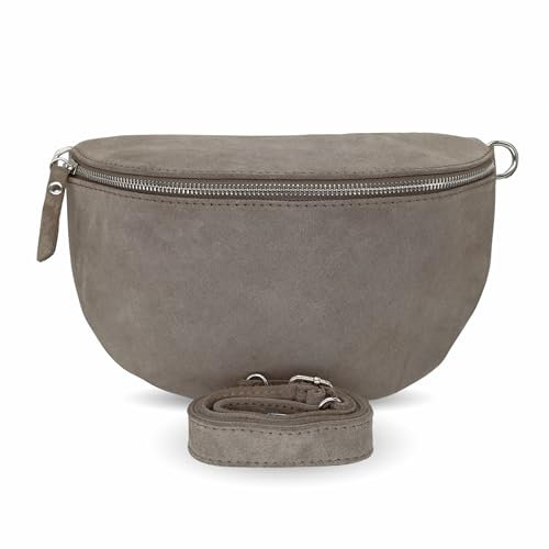 Bella Blossom Bauchtasche Damen, Umhängetasche aus Wildleder, Elegante Crossbody-Bag mit gemusterten & verstellbaren Schultergurt, Schultertasche für jeden Anlass (Taupe 1, L)
