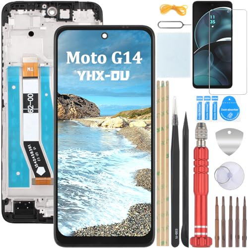 YHX-OU 6.5'' Schwarz Display mit Rahmen Für Motorola Moto G14 XT-2341-3 PAYF0010IN LCD Display Touchscreen Bildschirm Digitizer Assembly Glas mit Werkzeug+ 1 Stück Schutzfolie