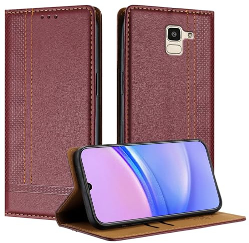 Mo-Beauty Handyhülle für Samsung Galaxy J6 2018, PU Leder Flip Klappbare für Samsung J6 2018 mit Standfunktion Kartenfächer Magnet Hülle (Burgunder)