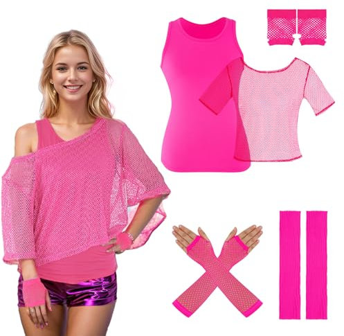 XDGBGFN 80er 90er Jahre Damen Off Shoulder Netzshirt, Tank top, Beinwärmer, Netzhandschuhe, Neon Oberteil Dame Aerobic Outfit Kleidung Set (Rosa, M)