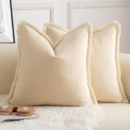 Mandioo 2er Set neutralen Baumwolle Quasten Kissenbezug 60x60cm Dekorative Kissenbezüge Dekokissen Boho Sofakissen Kissenhülle für Couch Sofa Schlafzimmer Wohnzimmer Heimdekoration Beige