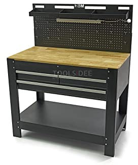 HBM 115 cm Werkbank mit Holzarbeitsplatte, Rückwand mit Steckertür, LED-Beleuchtung, 20 Haken und 3 Aufbewahrungsladen