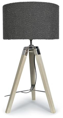 ValueLights | Modern Light Wood & Chrome Tripod Table Lamp with a Charcoal Grey Boucle Drum Shade | Table Lamps, Home Décor & Improvement Essential | Included LED Bulb