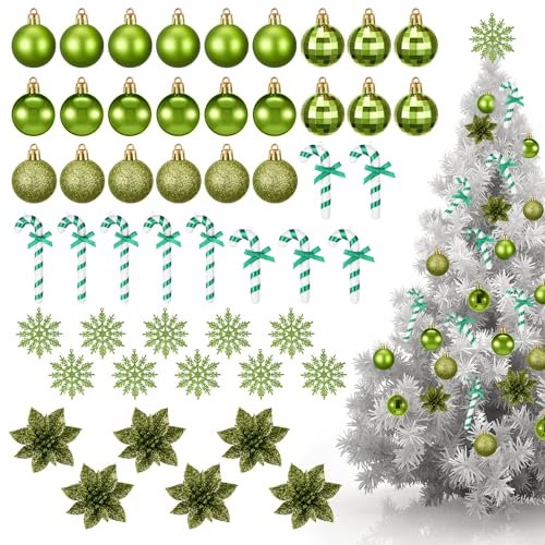 Harrycle 50 Pezzi Addobbi per Albero di Natale Palline di Natale Fiocchi di Neve Glitter Fiori di Natale Artificiali Bastoncini di Zucchero Natalizi Decorazioni da Appendere per Casa(Verde)