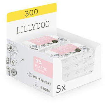 LILLYDOO Feuchttücher mit Präbiotika, 300 Stück (5 x 60), 100% plastikfreies Tuch, ohne Parfüme