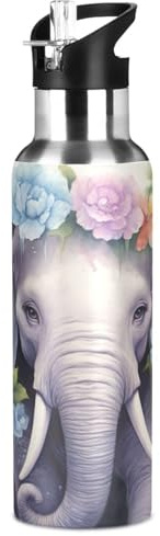 SKYSHU Elephant Water Bottle with Straw Lid 32 oz Leakproof Vacuum Insulated Stainless Steel Sport Water Bottles for Gym, School, Travel