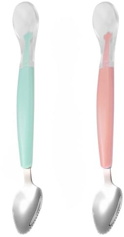 WeddHuis 2 Pezzi Cucchiaio Neonato da 4 Mesi Cucchiaio Silicone BPA Free Taglia Frutta Completamento Pasto Bambino Adatto alla Bocca del Bambino Microonde, Lavastoviglie e Congelatore (verde + rosa)