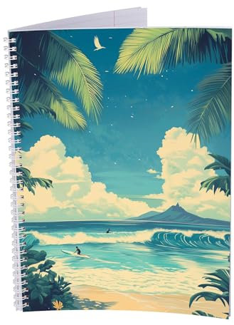 druck.de Collegeblock – 5 Stück – DIN A4 – 80 Blatt – 80g Volumenpapier – gelocht – Spiralbindung weiß – Korrekturrand – perforiert – Spiral Notizblock (Hawaii, Kariert)
