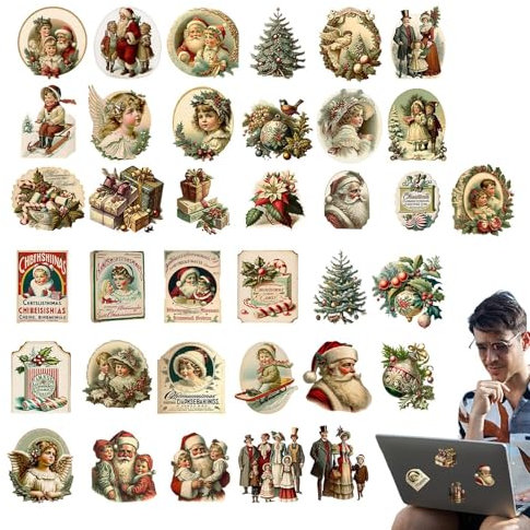 Vintage Christmas Stickers, 36X Christmas Retro Aesthetic Stickers, Christmas Rub Transfers Stickers for Glass Cups, Furniture, Laptop Decals