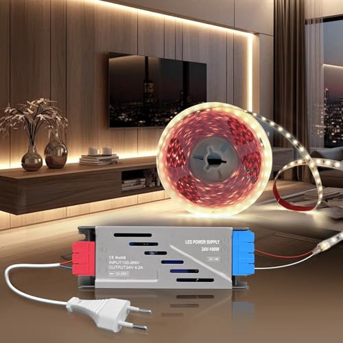 BRIMETI Striscia LED 24V Autoadesivo 5M Tubo LED Bianco Naturale 4000K 120LEDs/M Nastri LED Luce, Strisce LED Larghezza 8mm, per Cucina,Soggiorno,Con 24V Trasformatore LED 100W e Cavo di Alimentazione