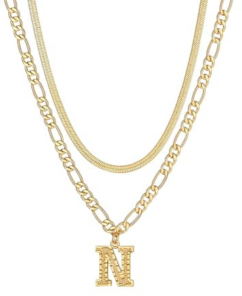 FOCALOOK Collar con Letra Inicial N Choker Mujer Oro 18K Acero Inoxidable 316L Cadena Plana Serpiente Apilable 2 Capas Joyerías Modernas Aniversario Parejas