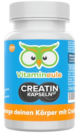 Creatin Monohydrat Kapseln - hochdosiert 585 mg pro Kapsel - 250 Kapseln - bioaktiv & vegan - Produktion in Deutschland - reines Creatin-Pulver ohne Zusatzstoffe & laborgeprüft - Vitamineule®