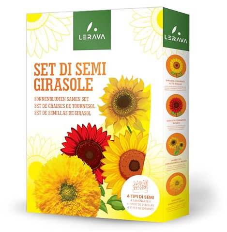 LERAVA® Sonnenblumen Samen Set 4 Sorten – Riesige gelbe & rote Sonnenblume, Zwerg-Zier & Sungold Teddy – Premium Blumensamen für Garten & Balkon – Sonnenblumensamen groß, Pflanzensamen, Sunflower