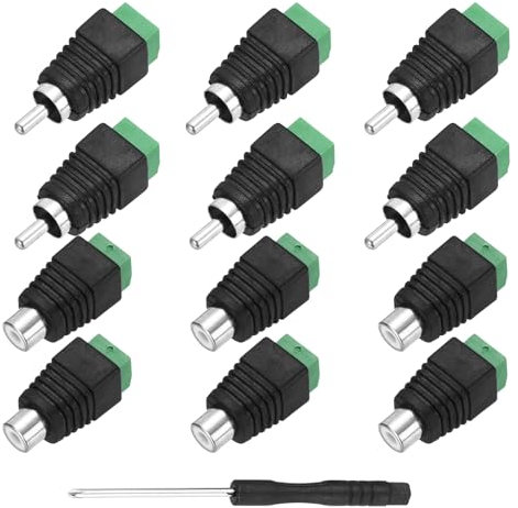 sourcing map 12Pcs RCA Cable Solderless Adapter, Audio/Video Speaker Wire RCA Male Female Plugs, Screw Terminal Connector, Black(Includes Screwdriver)