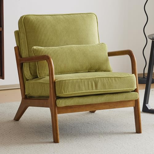 Bonnlo Accent Chair, Soild Wood Padding Lounge Armchairs, Occasional Reading Chair with Cushions and Lumbar Pillow, Armchairs for Living Room, Bedroom, Guest Room (Green, Corduroy)