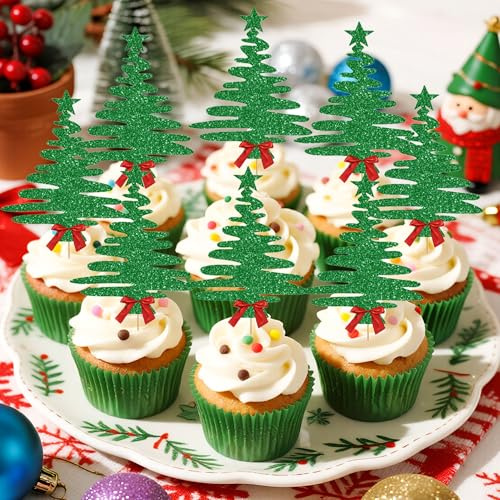 Grün Weihnachtsbaum Cupcake Dekorationen Muffin Food Picks | 12 Stück Grün Weihnachtsbaum Cupcake Dekorationen Muffin Food Picks für fröhliche Weihnachten Feiertage Neujahr