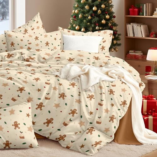 Freyamy Weihnachtsbettwäsche 220x240cm 3tlg Lebkuchenmann Bettwäsche | Braun Bettwäsche-Set,Mikrofaser Kinder Bettbezug mit Reißverschluss und 2 Kissenbezüge 80x80cm
