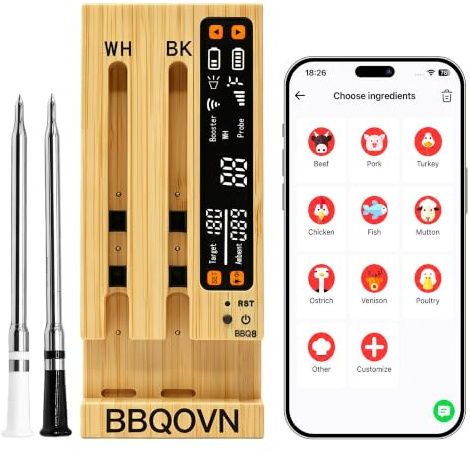 BBQOVN WiFi Sub-1G Wireless Meat Thermometer Unlimited Range 7 NIST Certified Sensors with Ambient Temp 2 Temp Monitoring Ways Digital Smart Base and App for BBQ, Smoker, Grill, Oven