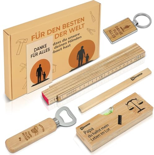 Geschenkset für Papa – 6-teiliges Werkzeugset mit Zollstock, Flaschenöffner, Bleistift, Schlüsselanhänger, Wasserwaage & Grußkarte – Geschenkidee zu Vatertag, Geburtstag, Weihnachten