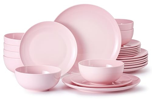 HIKAA Geschirrset 8 Personen, 24-Teiligs Knochenporzellan Geschirr Set, Teller Set Mikrowellen und Spülmaschinenfest, Tafelservice für Zuhause, Hochzeiten, Kombiservice Leicht und Langlebig (Rosa)